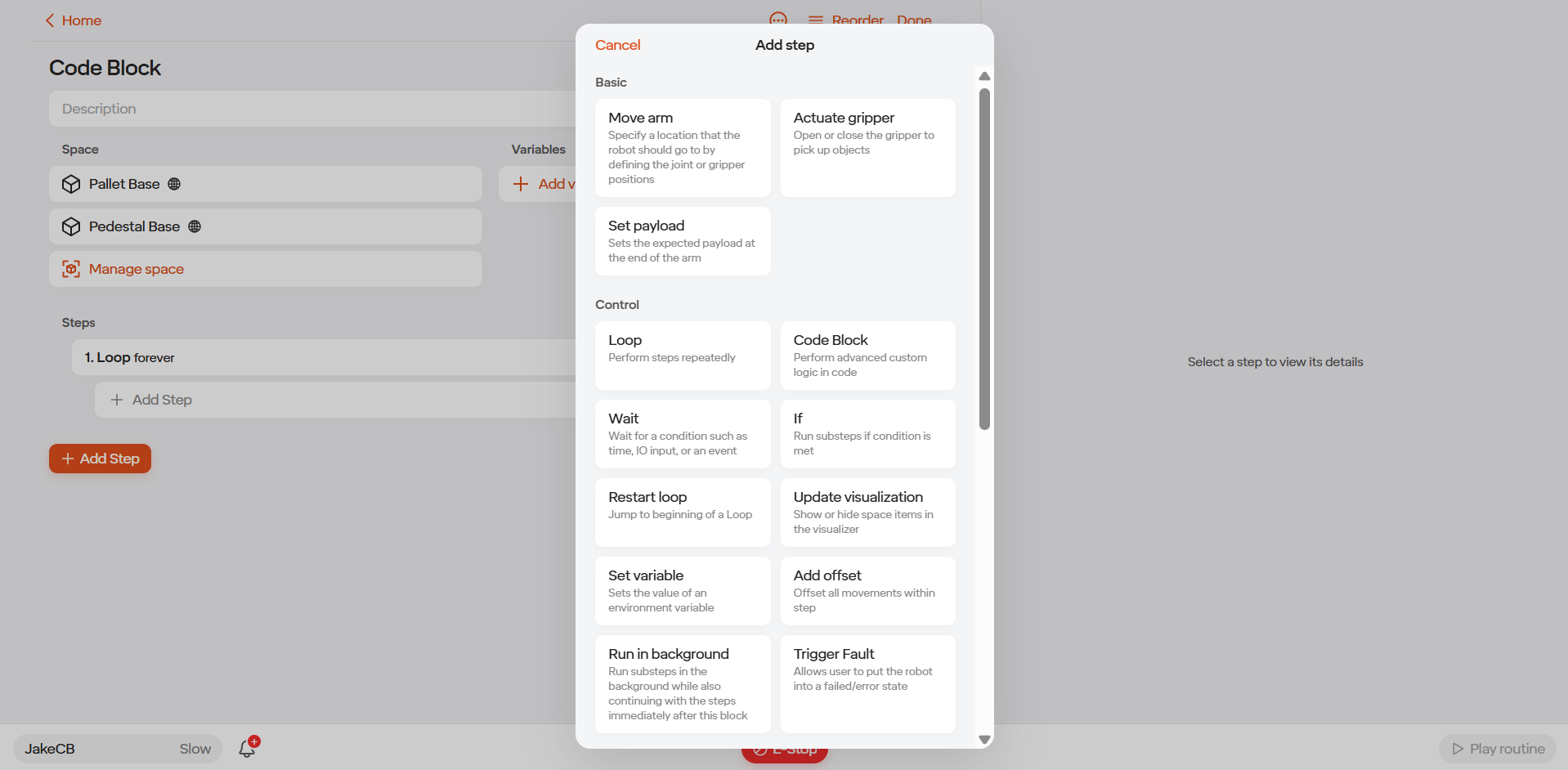 Adding a Code Block step in the Routine Editor